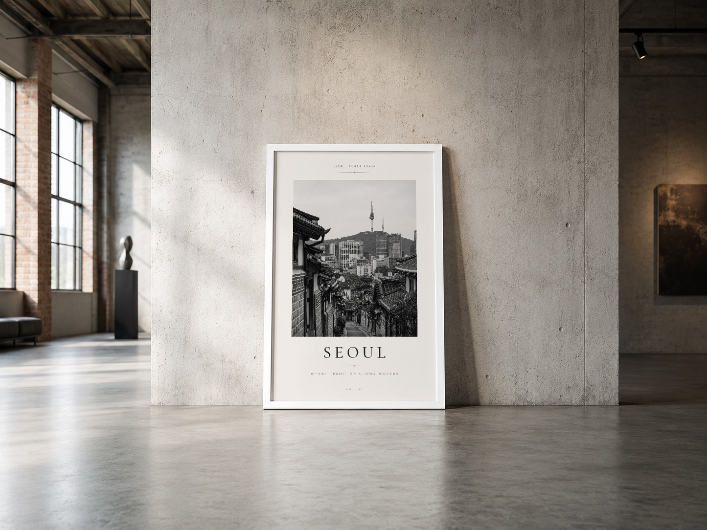 İkonik Seoul skyline fotoğrafı, beyaz çerçevede, endüstriyel tarzda beton duvarda minimalist sunum.