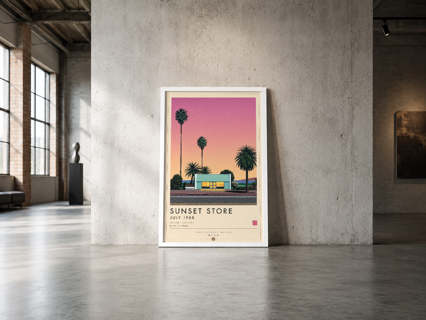 1988 Sunset Store tasarımı, endüstriyel betonlu mekanda yer alan zarif çerçeveli poster, vintage sanat koleksiyonuna uygun.
