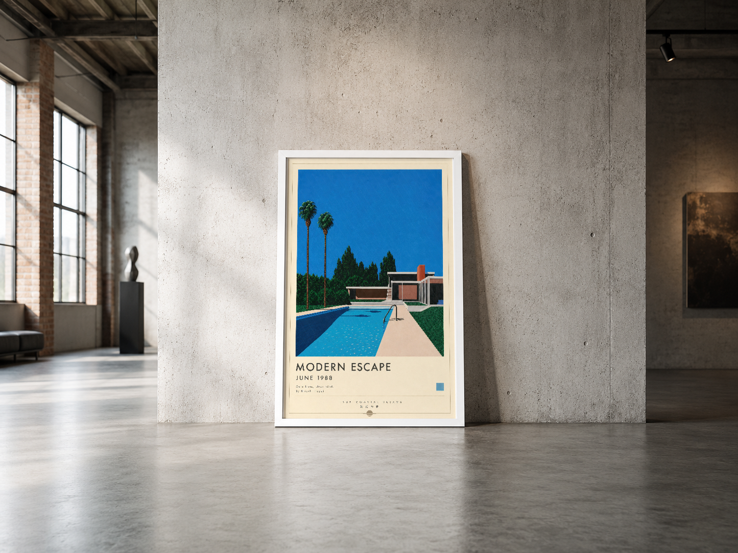 Modern Escape temalı poster, çerçeveli tasarım, endüstriyel minimalist mekanda dramatik duvar dekorasyon.
