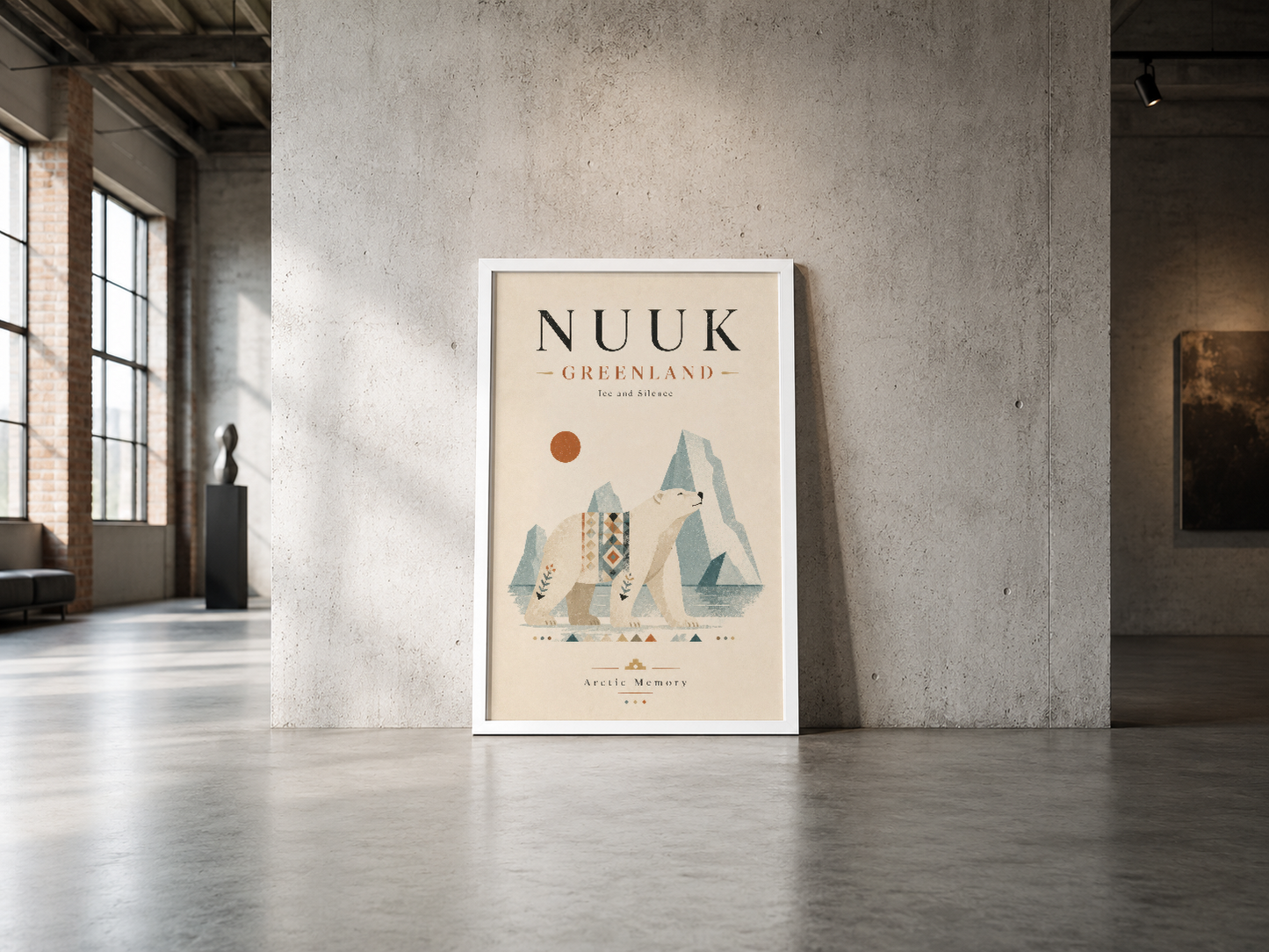 Nuuk Greenland travel art, beyaz çerçeveli, industrial betona karşı durarak Arctic Memory temasını vurguluyor.