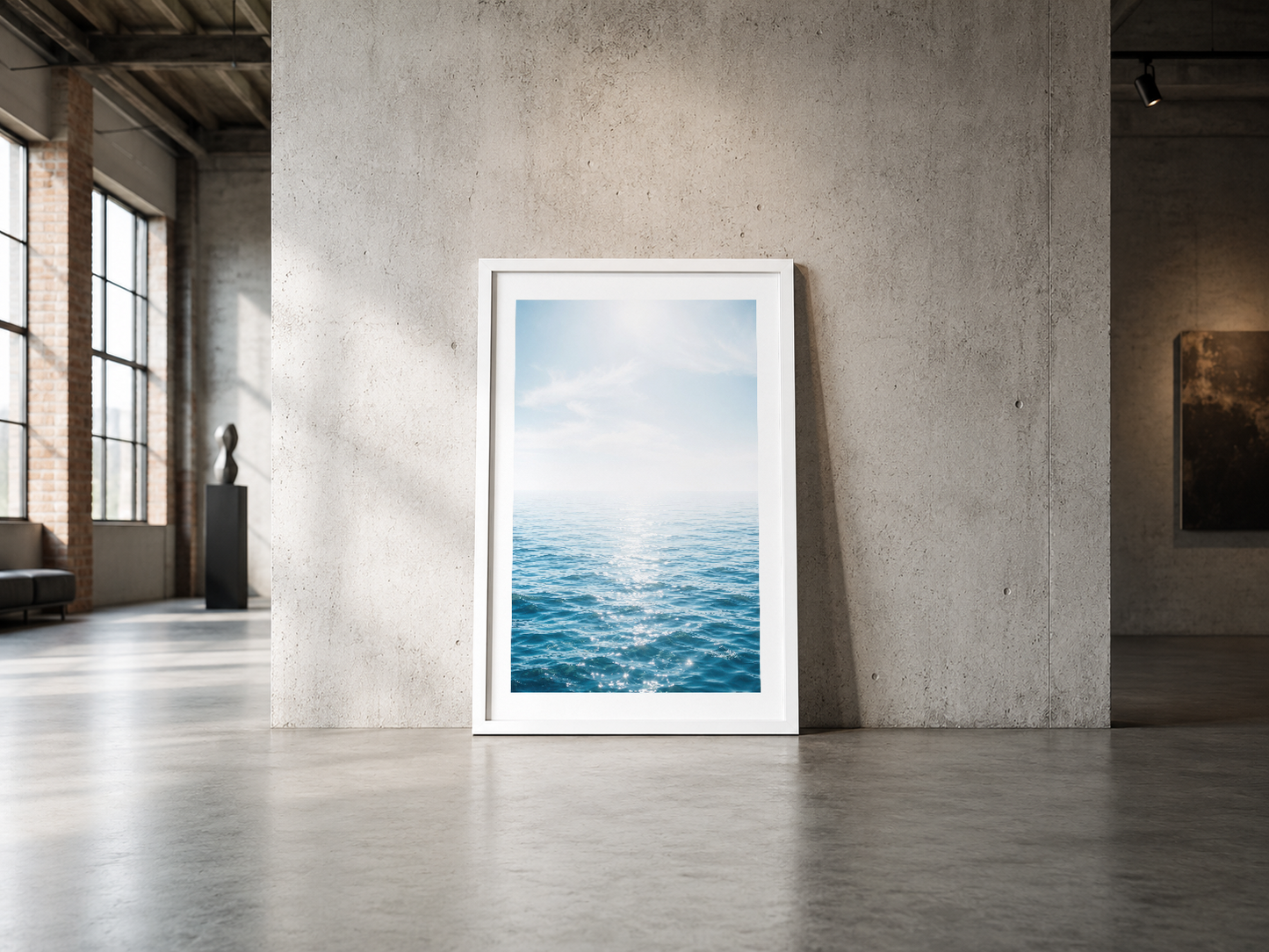 Mavi oceanlı minimalist poster, beyaz çerçeve içinde, endüstriyel betonlu mekanda sergileniyor.