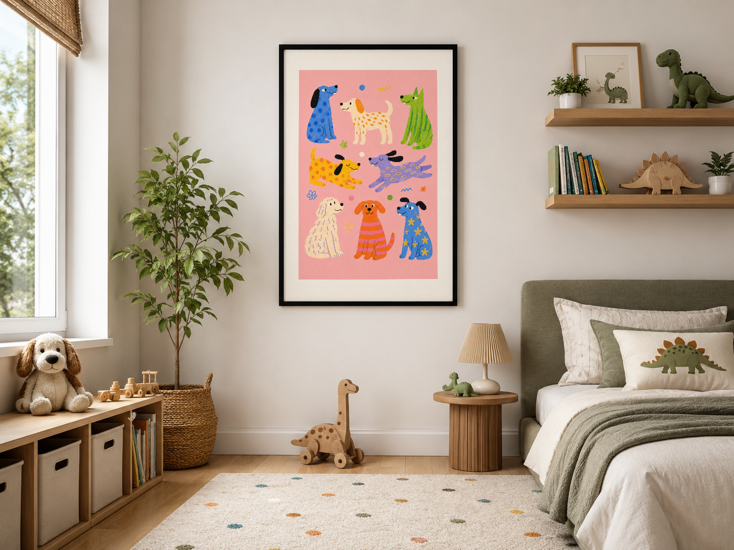 Neşeli köpek illüstrasyonlu pembe tablo, siyah çerçevede modern yaşam alanında sergileniyor.