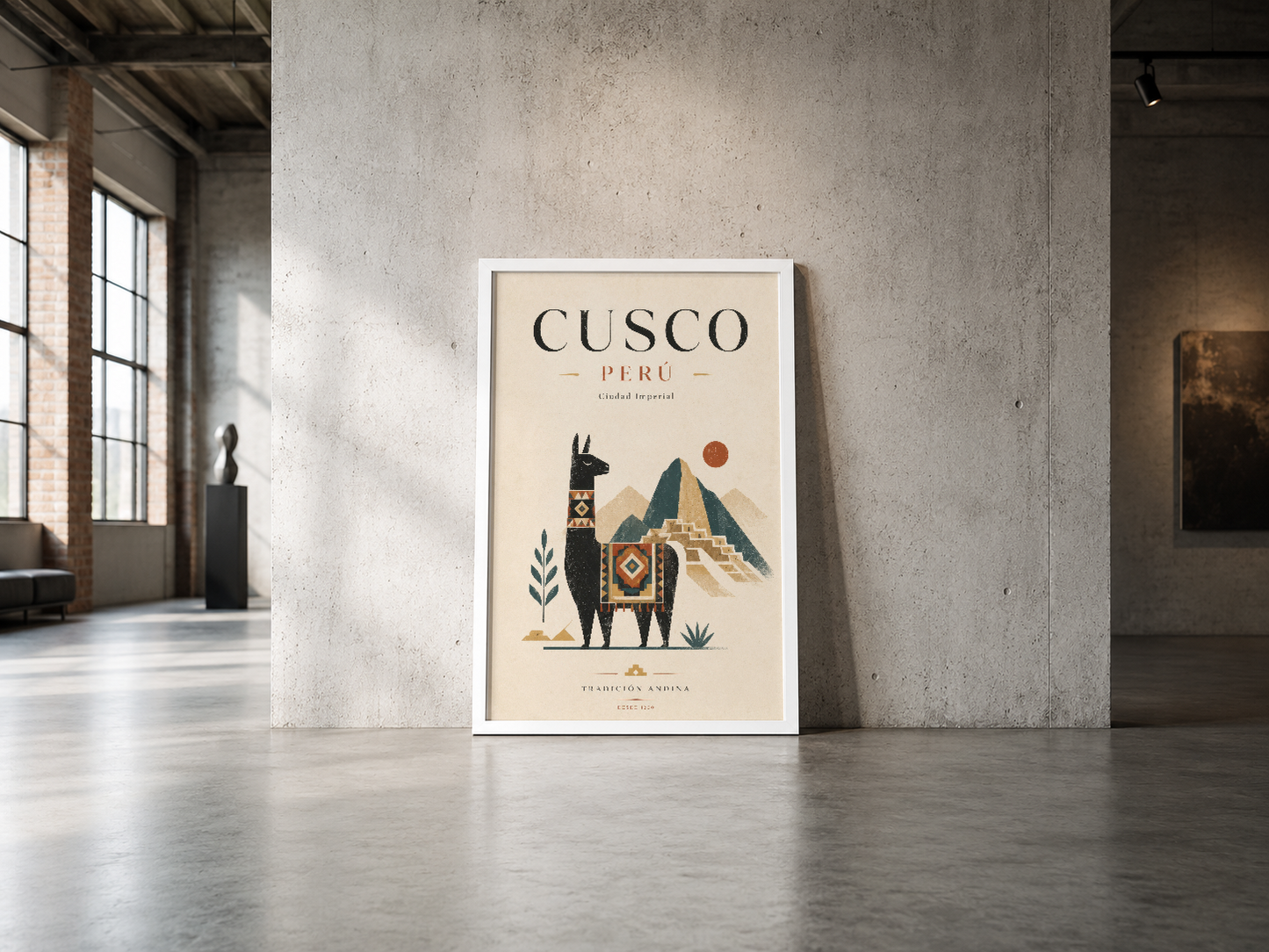 Cusco Peru travel poster, sade ahşap çerçevede endüstriyel mekanda duvarın kenarında duruyor.
