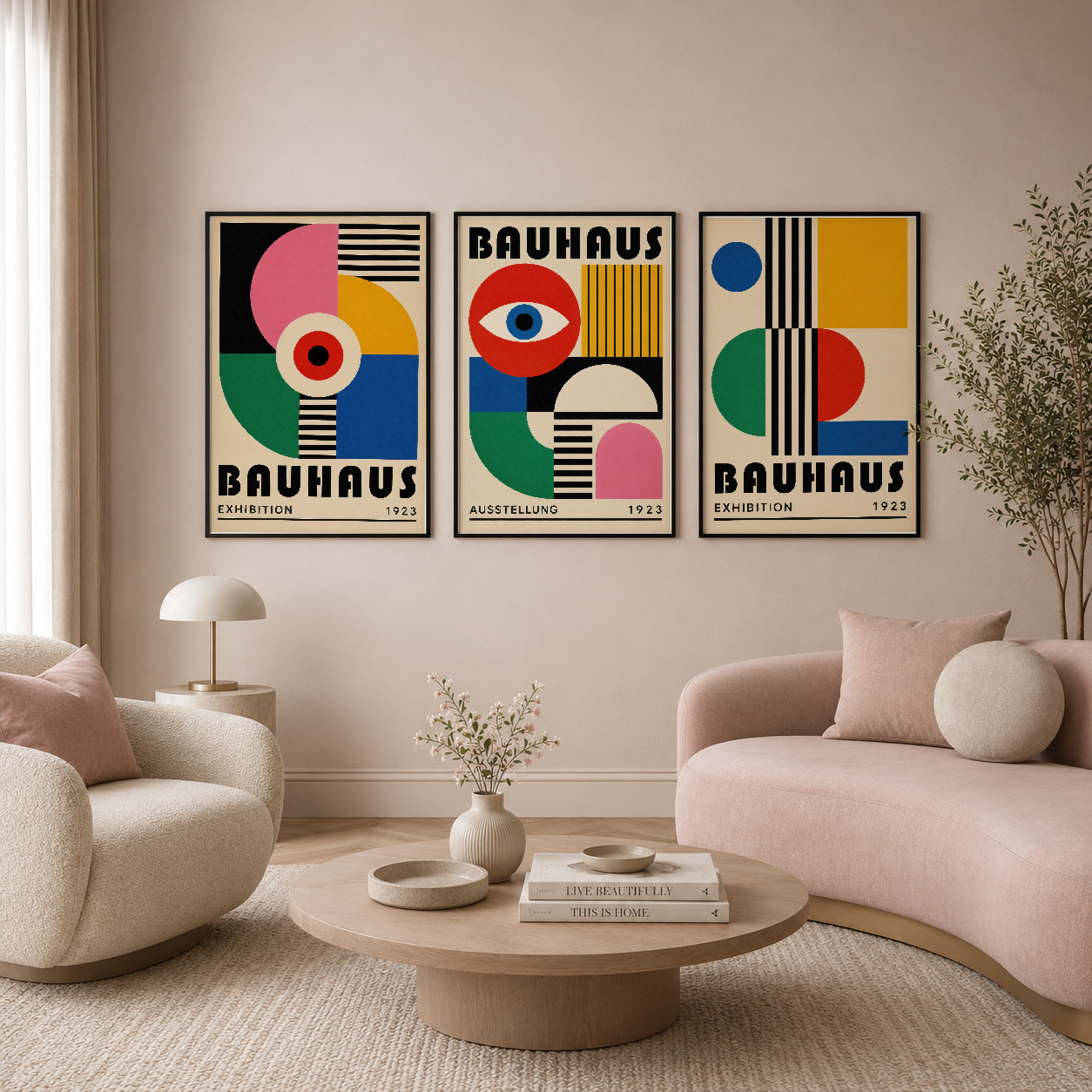 Bauhaus tarzı çok renkli daire ve çizgili desenlerin yer aldığı sanat tablosu, modern oturma odasında asılı halde.