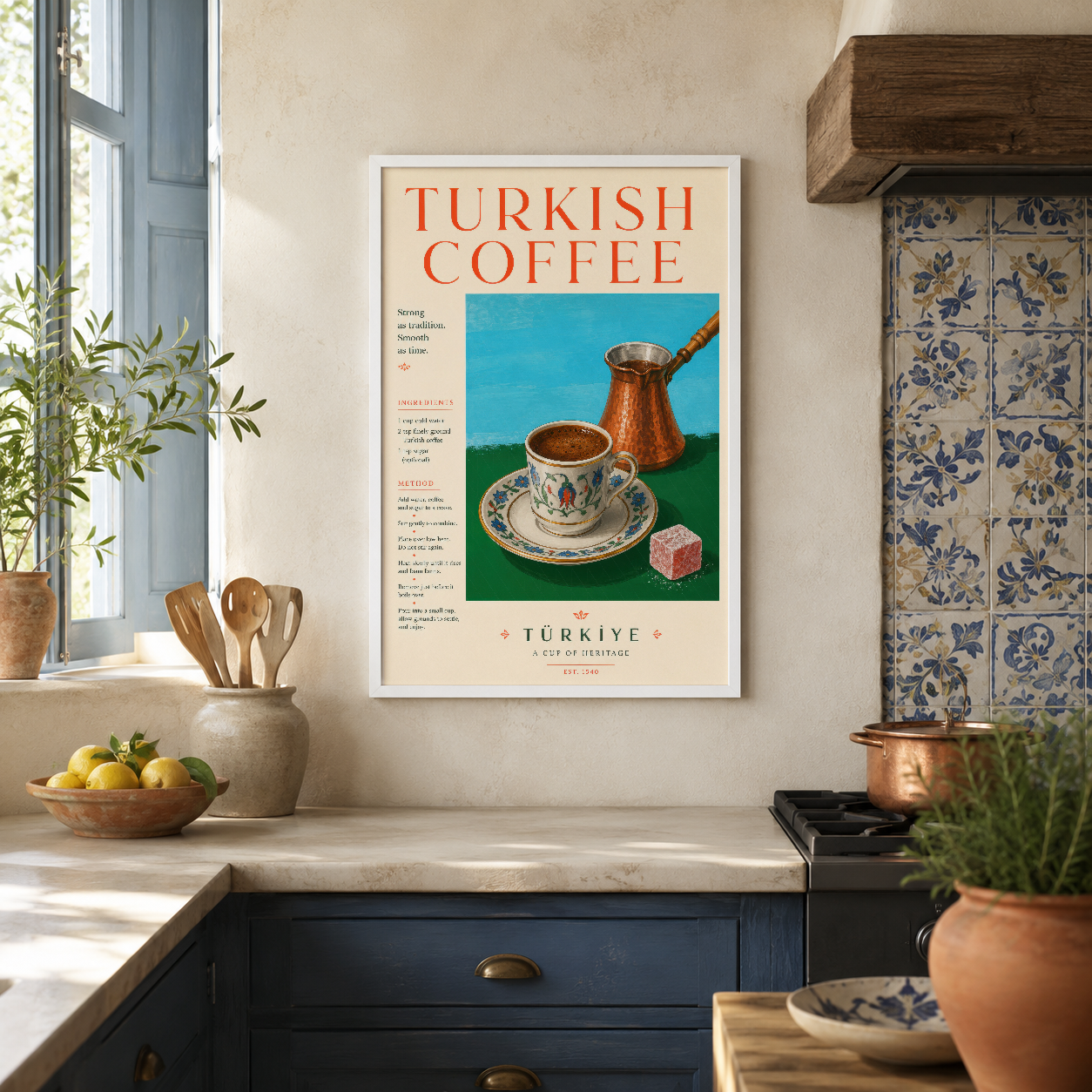 Turkish Coffee temalı vintage stil duvar tablosu, beyaz çerçeveli haliyle rustik mutfakta asılı.