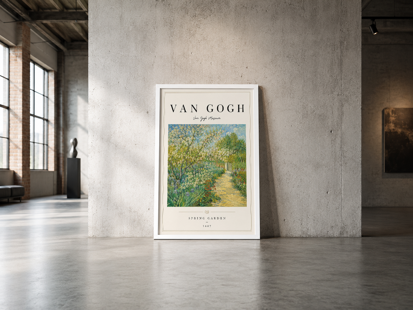 Yeşil yolluk ve çiçeklerle dolu Van Gogh bahçe sahnesi, beyaz çerçevede, endüstriyel mekanın duvarına sanat ve doğa huzuru