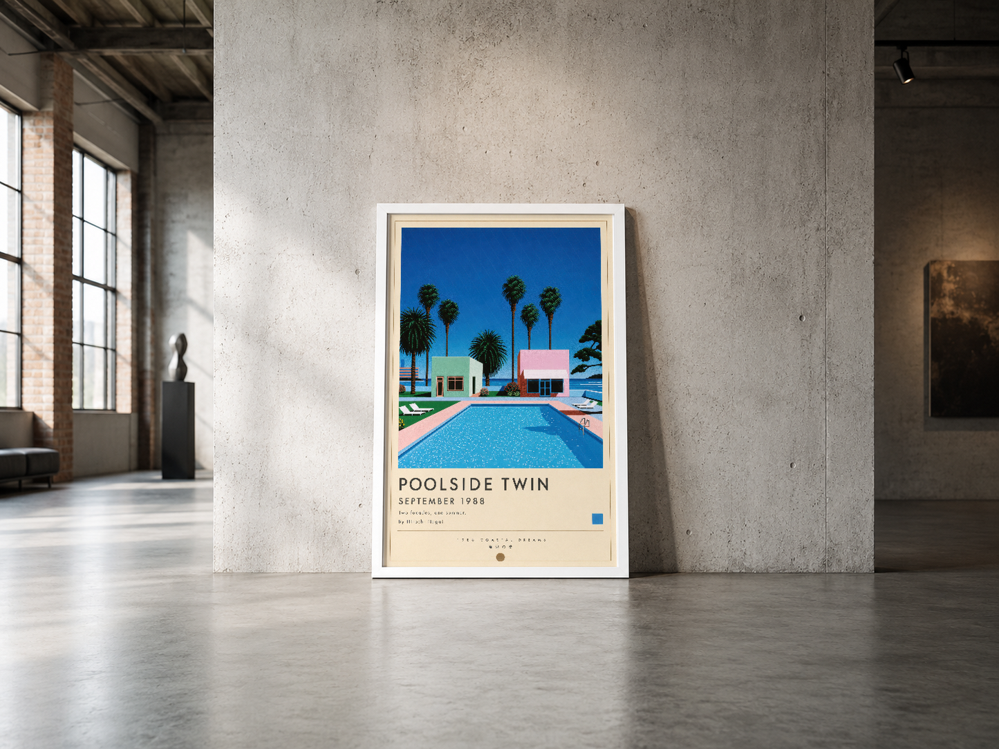 Poolside Twin tasarımı, çerçeveli poster formatında endüstriyel boş mekanda minimalist estetik oluşturuyor.