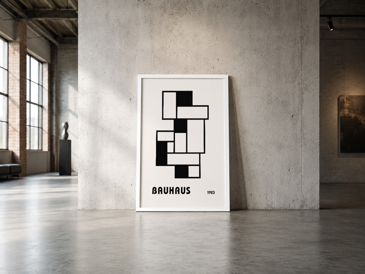 Siyah ve beyaz Bauhaus komposition, minimalist endüstriyel mekanda çerçeveli sanat eseri.