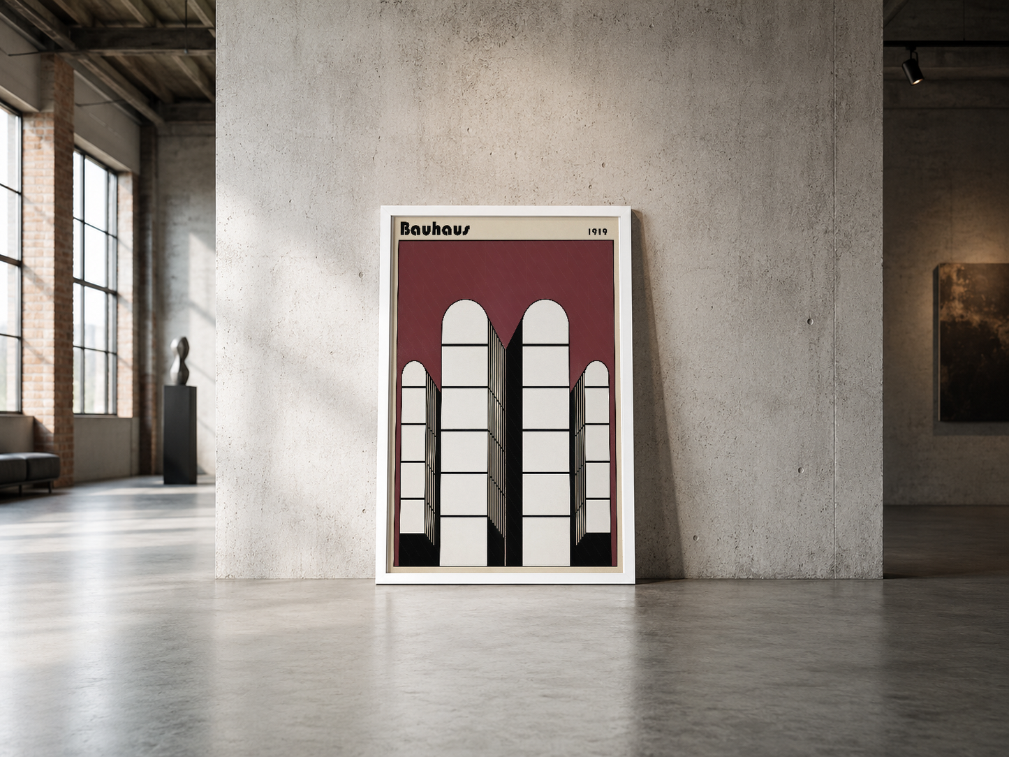1919 Bauhaus pencere motifi, minimalist beyaz çerçeve ve siyah detaylar, endüstriyel mekanlarda etkileyici duvar sanatı.
