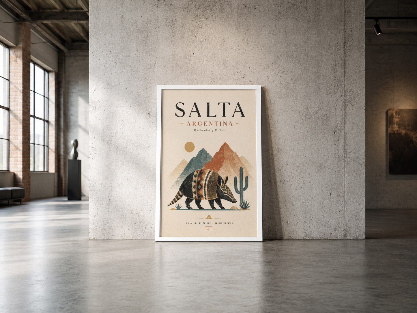 Salta bölgesini anlatan boho tarzı ayı illüstrasyonu, beyaz çerçevede endüstriyel mekan duvarında.