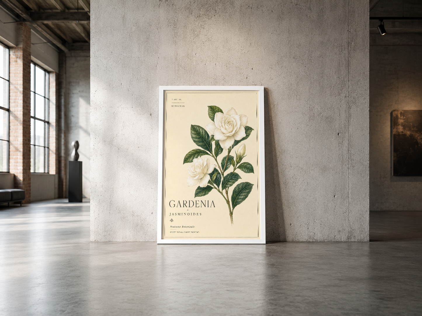 Gardenia jasminoides botanik poster, beyaz çerçeveli, endüstriyel betonlu mekanda minimal tasarımla konumlandırılmış.