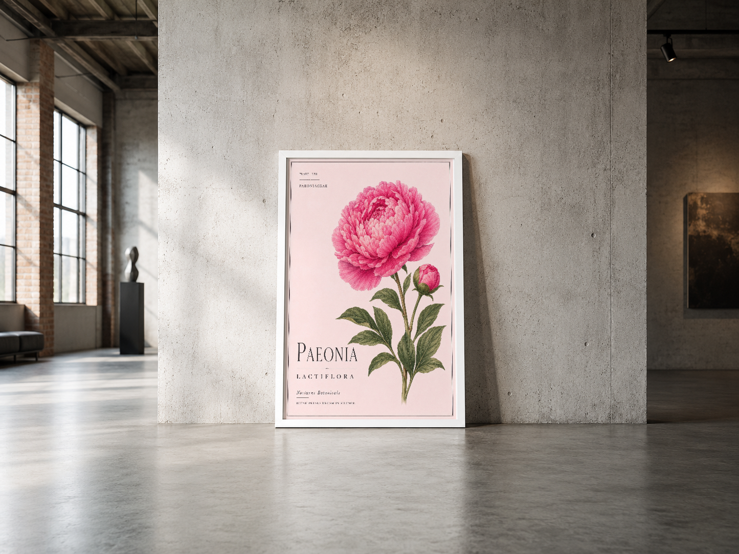 Vintage botanik stil peonya posteri, beyaz çerçeveli, endüstriyel beton duvar karşısında sergilenen sanat eseri.