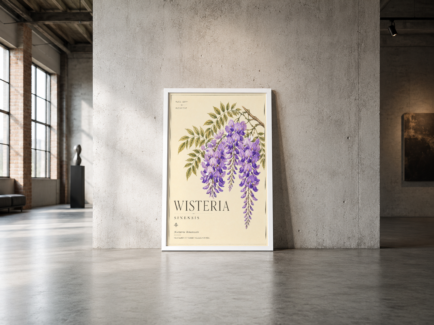 Mor wisteria tasarımı beyaz çerçevede, endüstriyel beton duvarın minimalist tasarımında modern galeri görünümü.