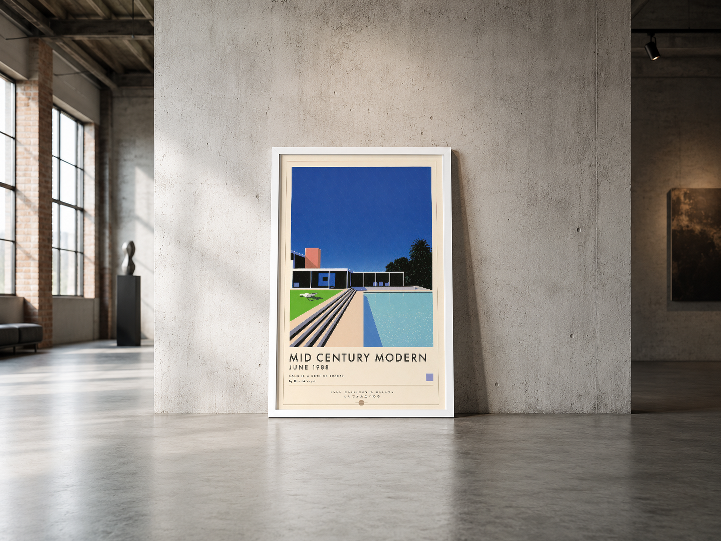 Retro stil mimari posterinin vintage çerçevesiyle endüstriyel mekanda modern tasarım sunuşu.