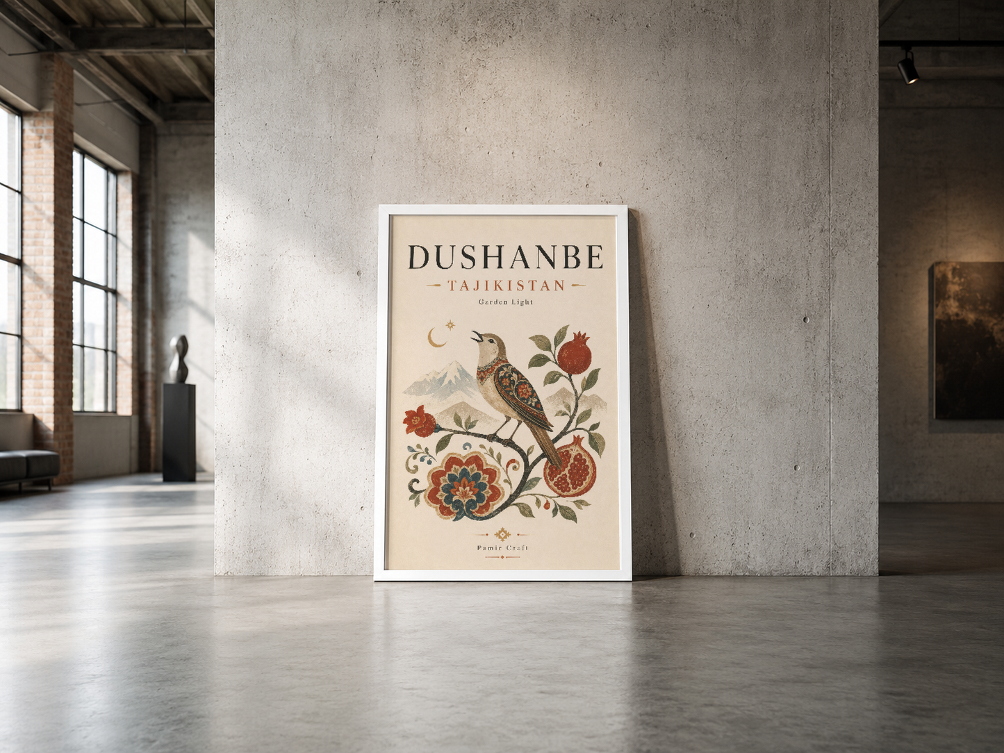 Vintage stil Dushanbe Tacikistan tablosu, ay ve ornamental çiçek tasarımı beyaz çerçeveli.
