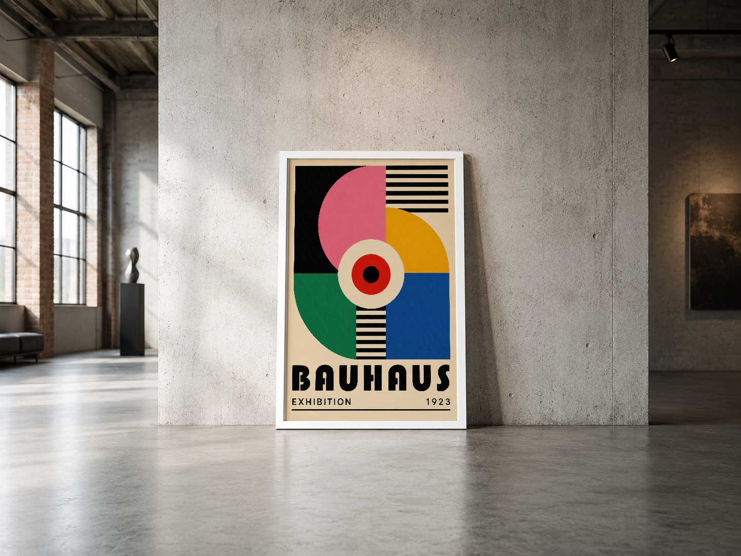 Bauhaus Exhibition 1923 duvar tablosu, soyut daire ve çizgi motiflerle endüstriyel alanda zarif bir vurgu.