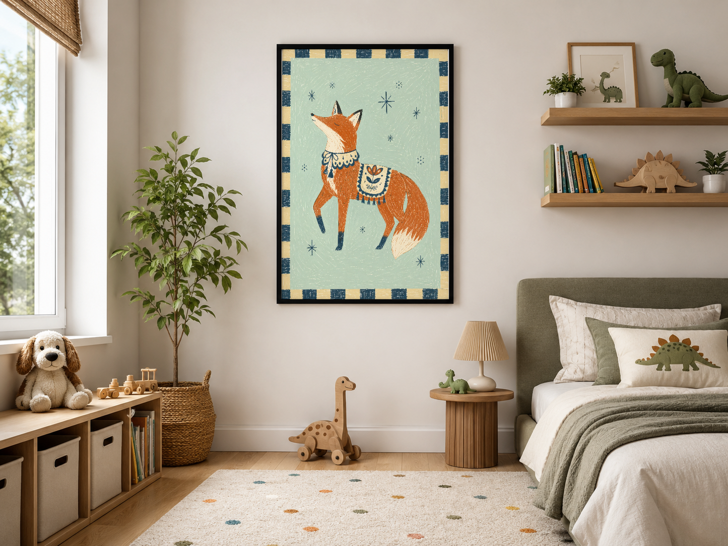 Siyah çerçeveli poster, yatak odasının duvarında etnik motifli şirin tilki illüstrasyonu sergilenmiş.