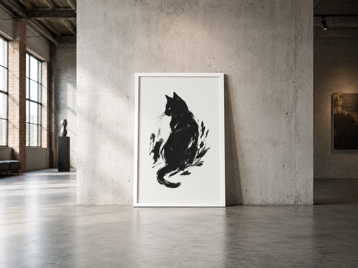 Minimalist siyah kedi portresi, beyaz çerçeveli poster, endüstriyel beton duvarda zarif sunum.