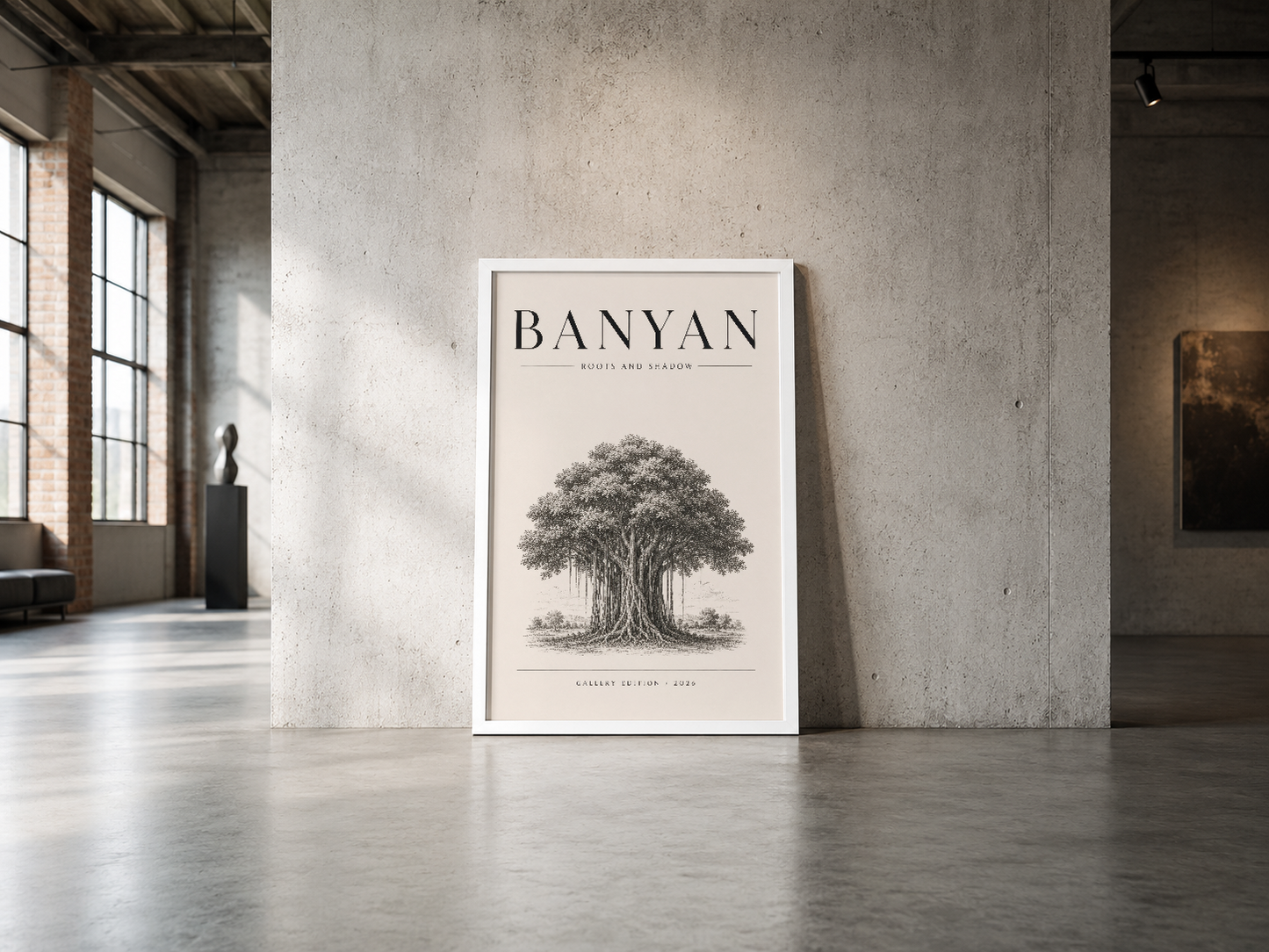 Minimalist Banyan ağacı tasarımı, beyaz çerçeveli poster endüstriyel mekanda.