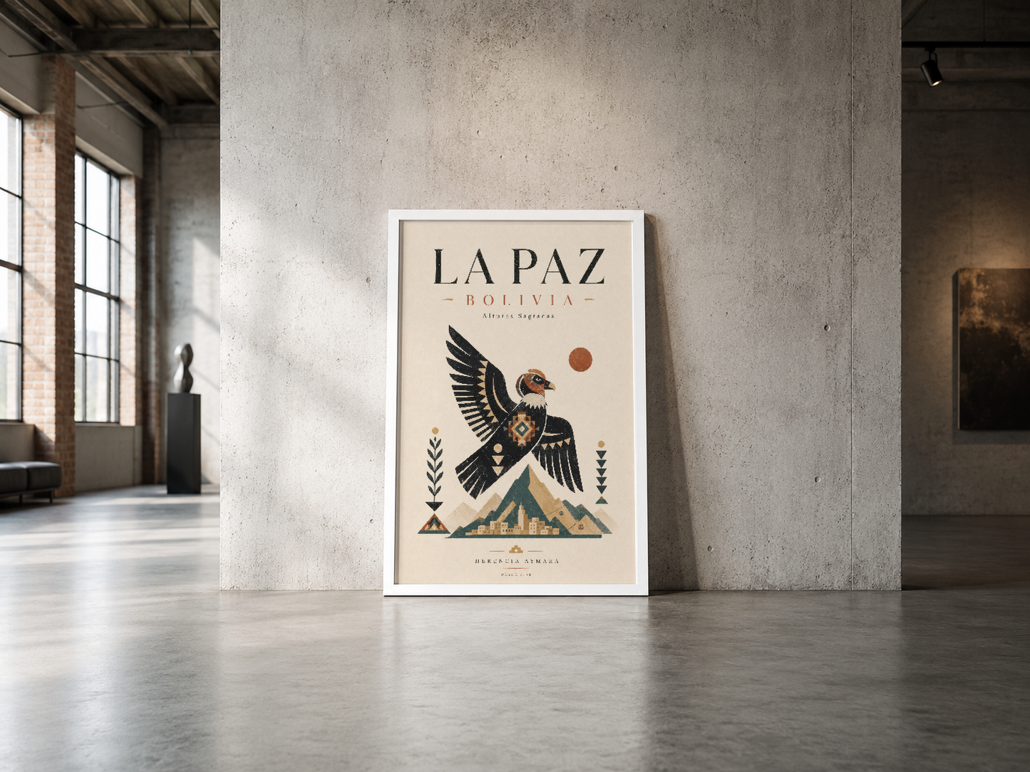 La Paz Bolivia poster, endüstriyel alanda çerçevesiz şekilde sergilenen etnik desenlı sanat.