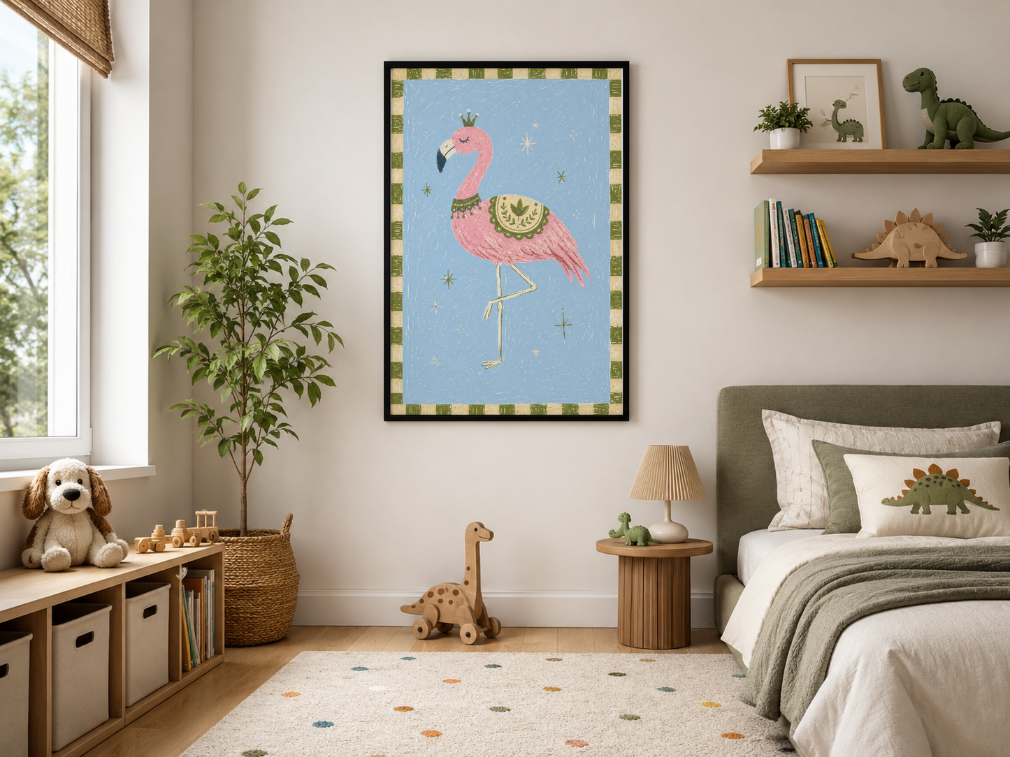 Siyah çerçeveli flamingo posteri, modern yaşam alanında doğal ışıkla zarif bir duvar aksentı yapıyor.