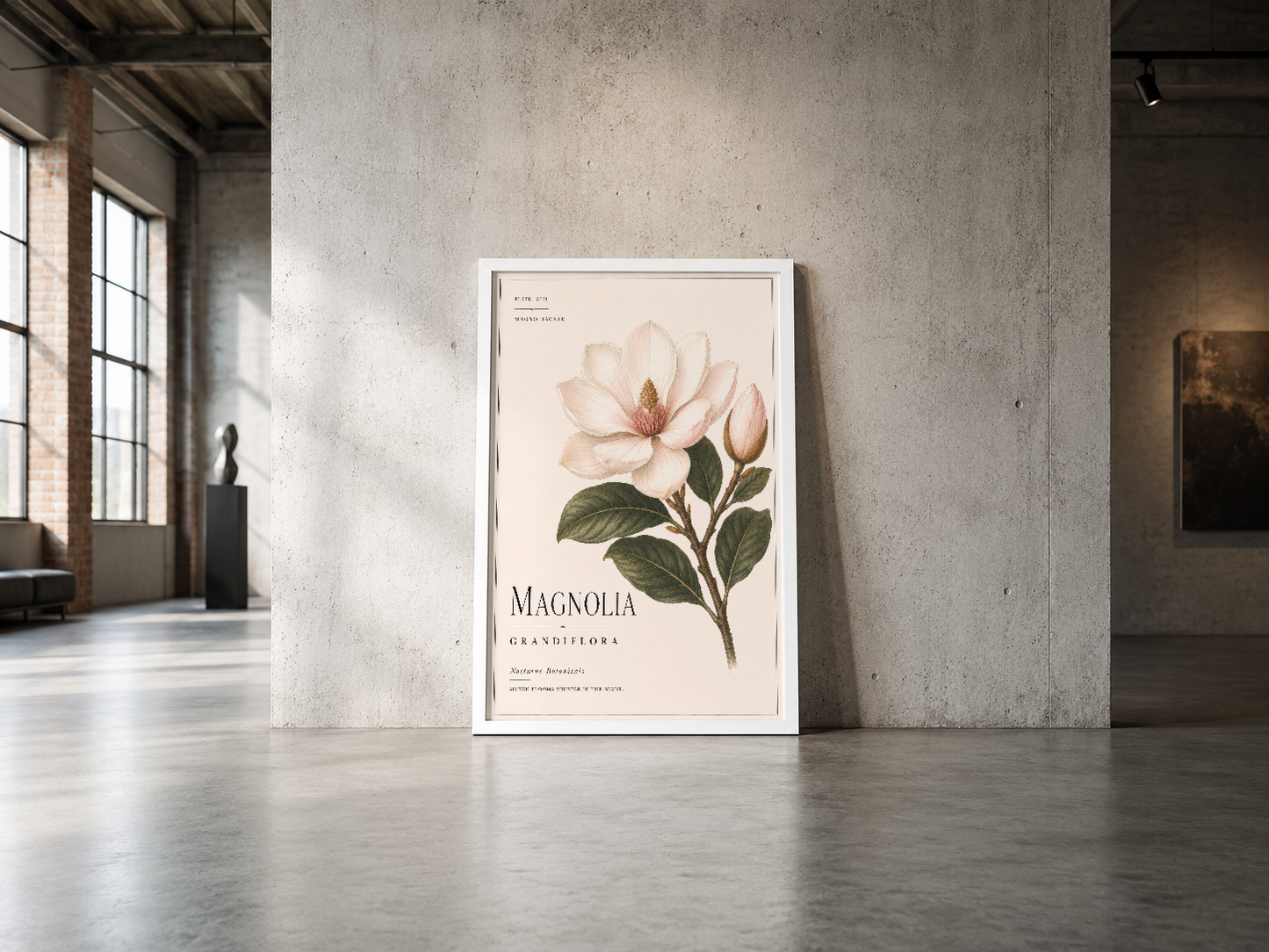 Beyaz çerçeveli magnolia posteri, endüstriyel alanın beton duvarında minimalist ve sakin bir atmosfer yaratıyor.