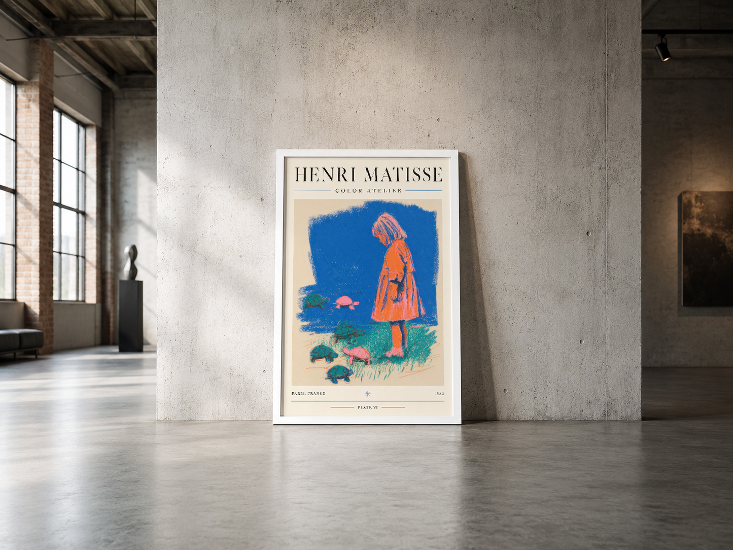Henri Matisse Color Atelier posteri, çerçevesiz beyaz şeritli formatıyla endüstriyel mekan duvarında minimalist bir görünüm