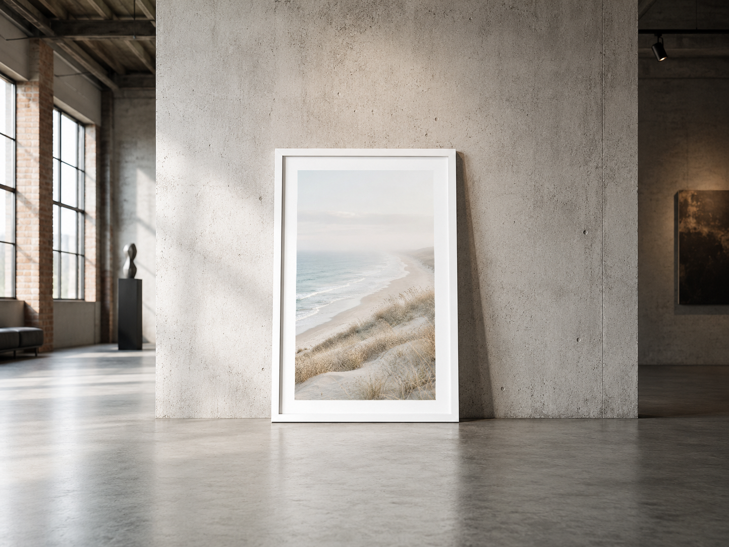 Beyaz çerçeveli kıyı peyzajı posteri, endüstriyel betonlu mekânda sakin ve minimalist atmosfer yaratan sanat eseri.
