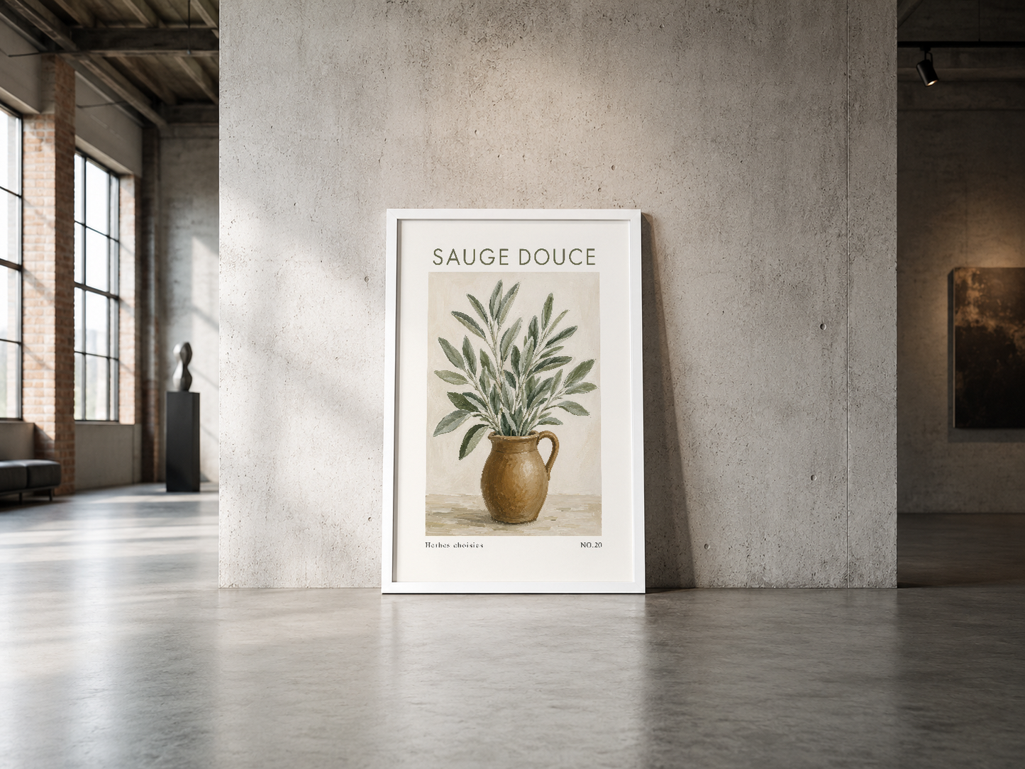 Sauge Douce bitkisi illüstrasyonu, beyaz çerçeveli, endüstriyel mekanda minimalist bir sanat eseri.