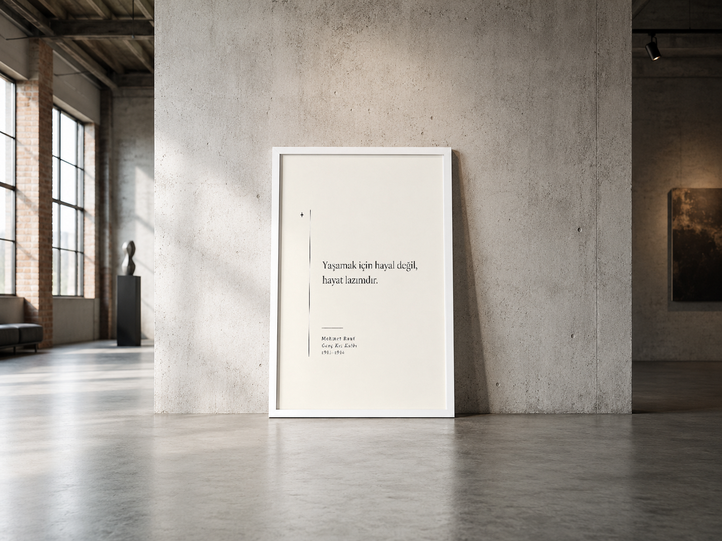 Beyaz çerçeveli felsefi yazı posteri, endüstriyel loft tasarımdaki beton duvarda artistik duruş.