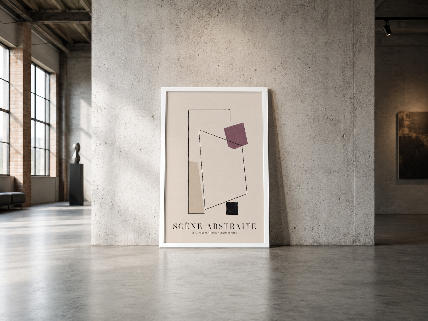 Minimalist çizgiler ve renkli şekillerle dekoratif Scene Abstraite tablosu, endüstriyel mekanda.