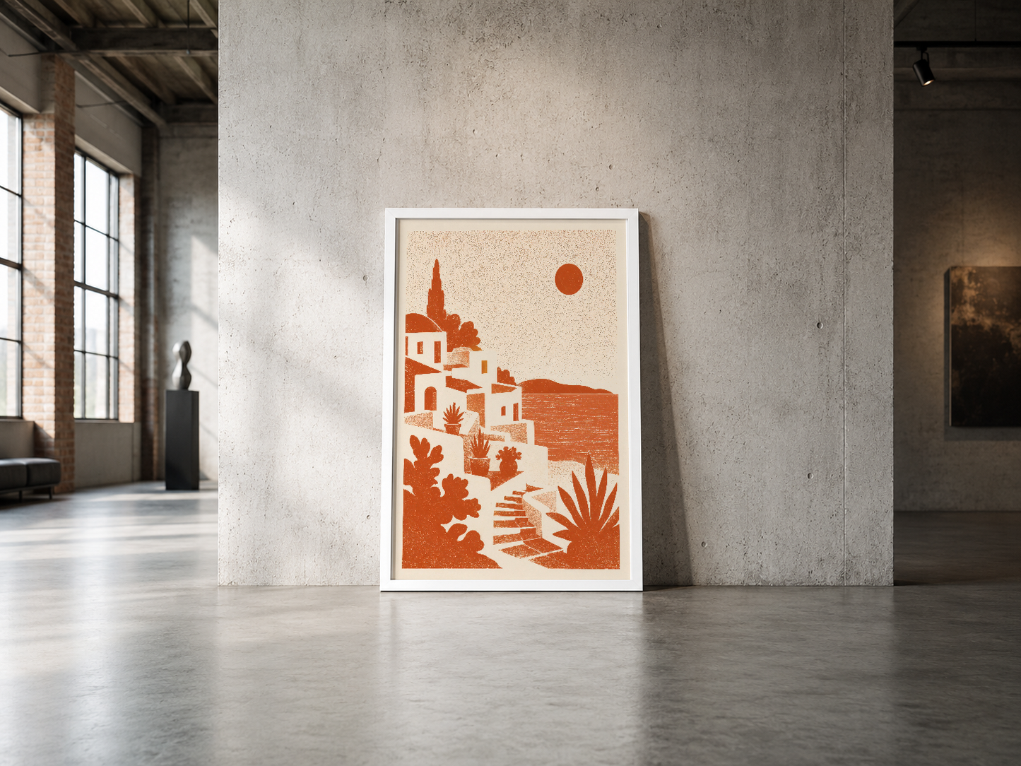 Modern galeri duvarında, geometrik şekiller ve sıcak renklerle tasarlanmış dekoratif poster.