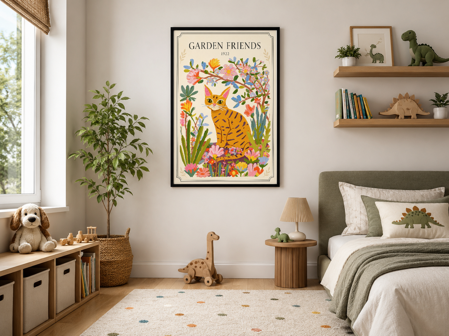 Siyah çerçeveli Garden Friends posteri, modern yaşam alanında doğal ışık alan duvarında sergilenen nostaljik tasarım.
