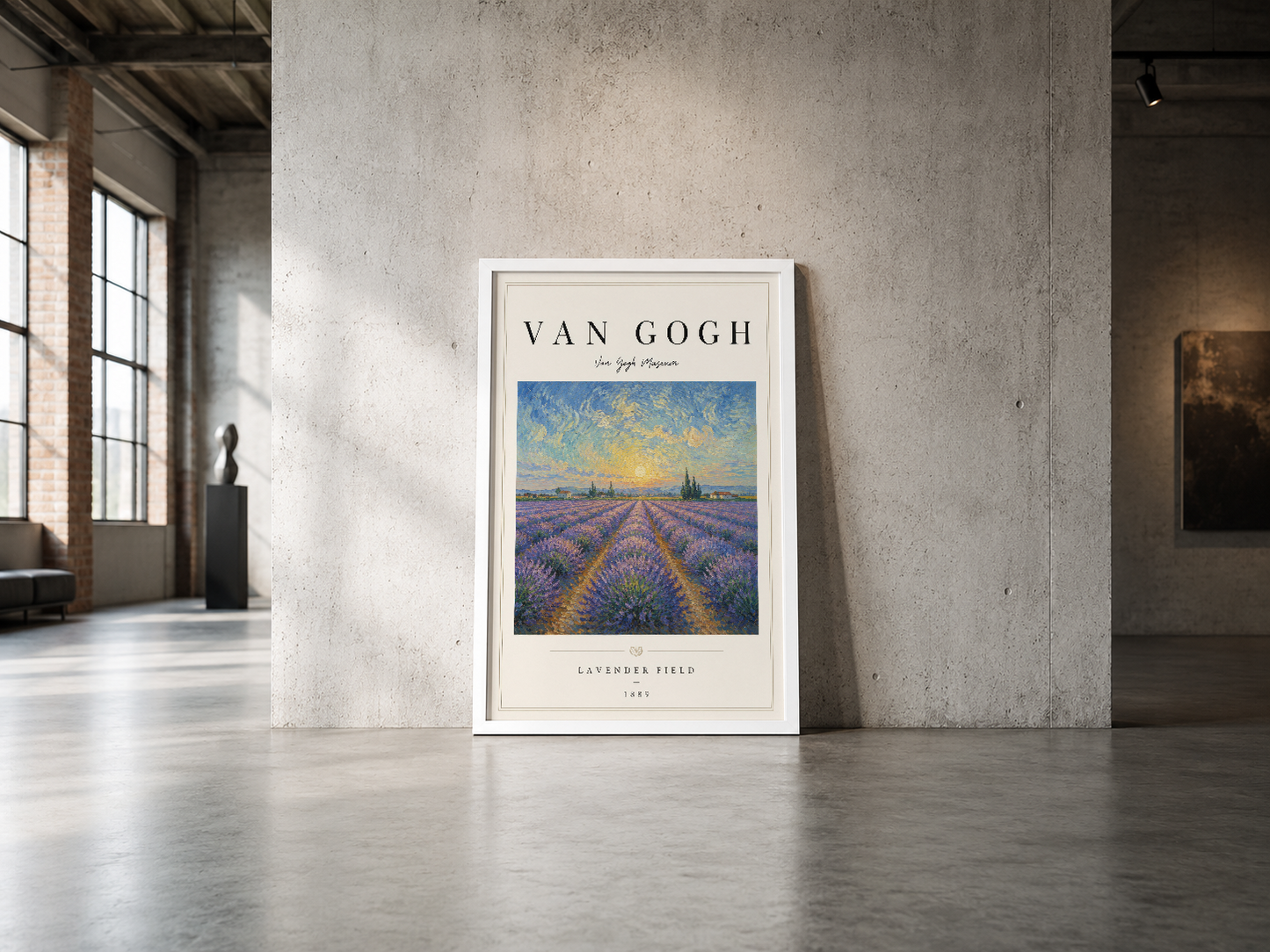 Van Gogh Lavender Field posteri, endüstriyel tarzda beyaz çerçevesiyle minimalist iç mekanları şıkça tamamlayan sanat eseri.