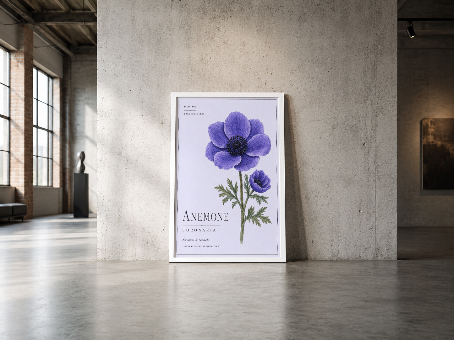 Detaylı anemon illüstrasyonu içeren beyaz çerçeveli poster, endüstriyel minimalist mekan için sanat eseri.
