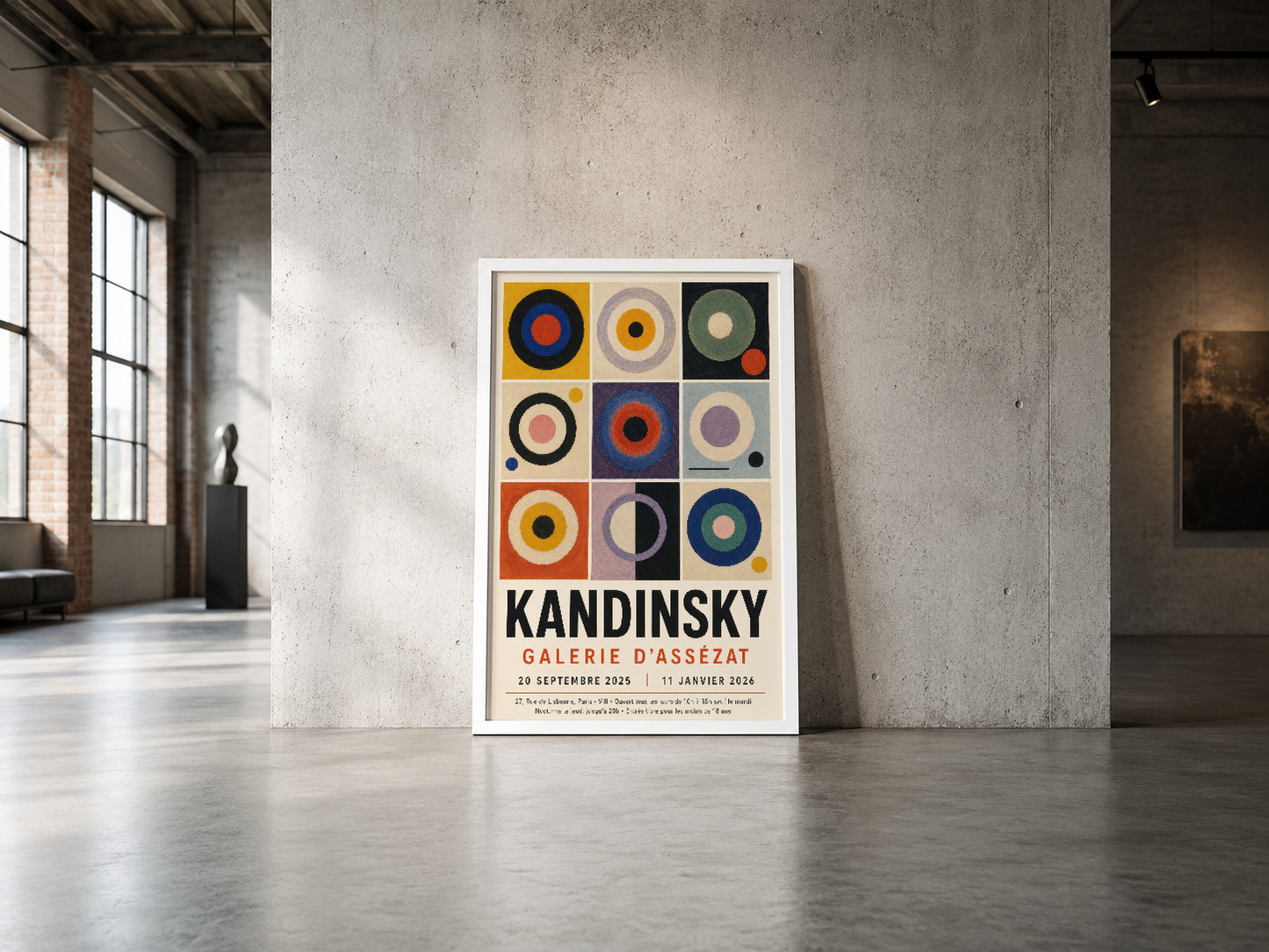 Kandinsky Galerie d'Assezat sergisi afişi, beyaz çerçeveli, endüstriyel mekan duvarında.