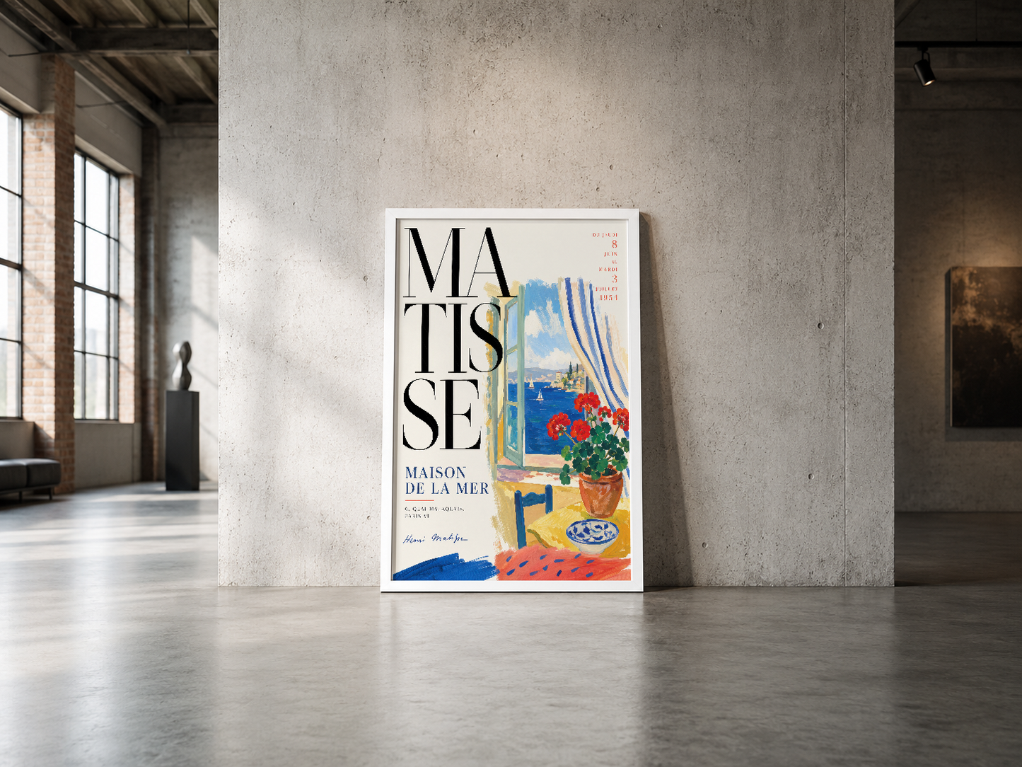 Matisse Maison De La Mer sanat tablosu, endüstriyel beton duvar dekorasyonunda çerçeveli poster.