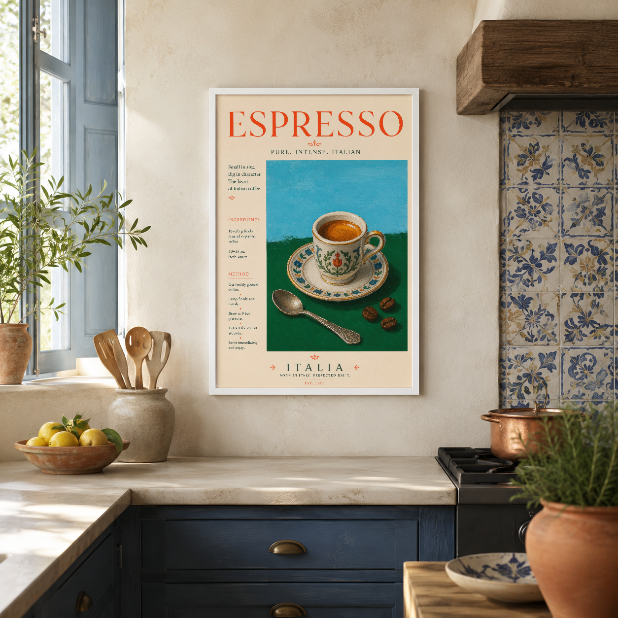 Vintage İtalya temalı espresso tablosu, beyaz çerçevede, modern mutfak dekorasyonunda zarif kahve sanat parçası.