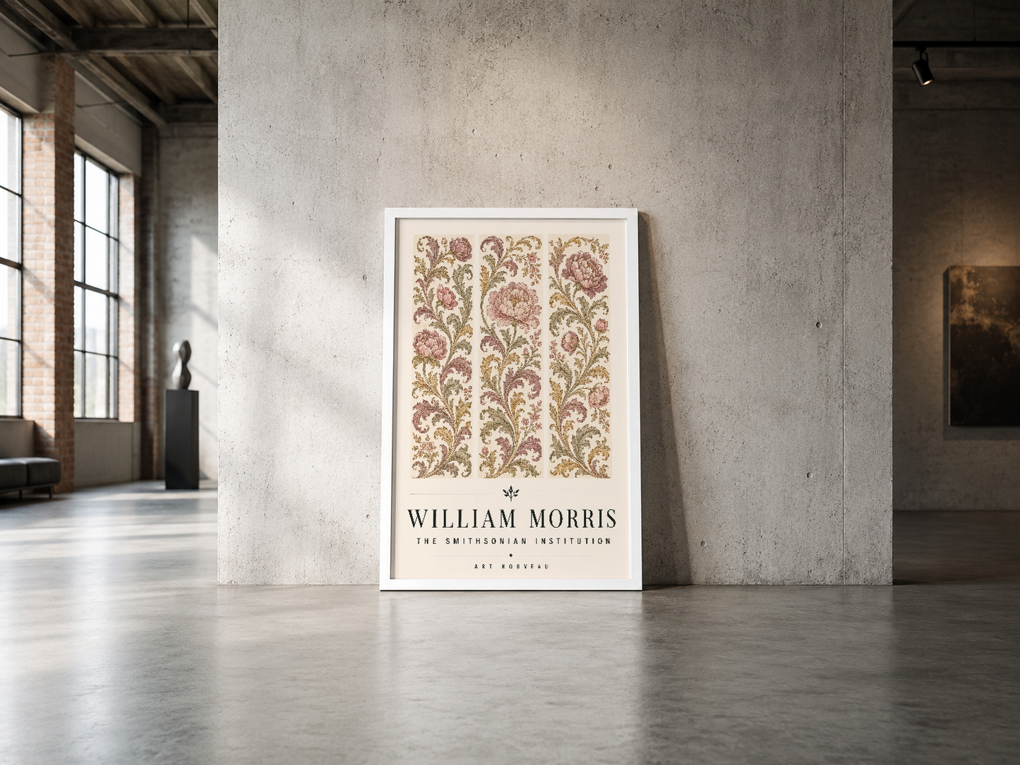 William Morris botanik baskı poster, beyaz çerçevesi ile endüstriyel galeri mekanında sergilenen tablo.