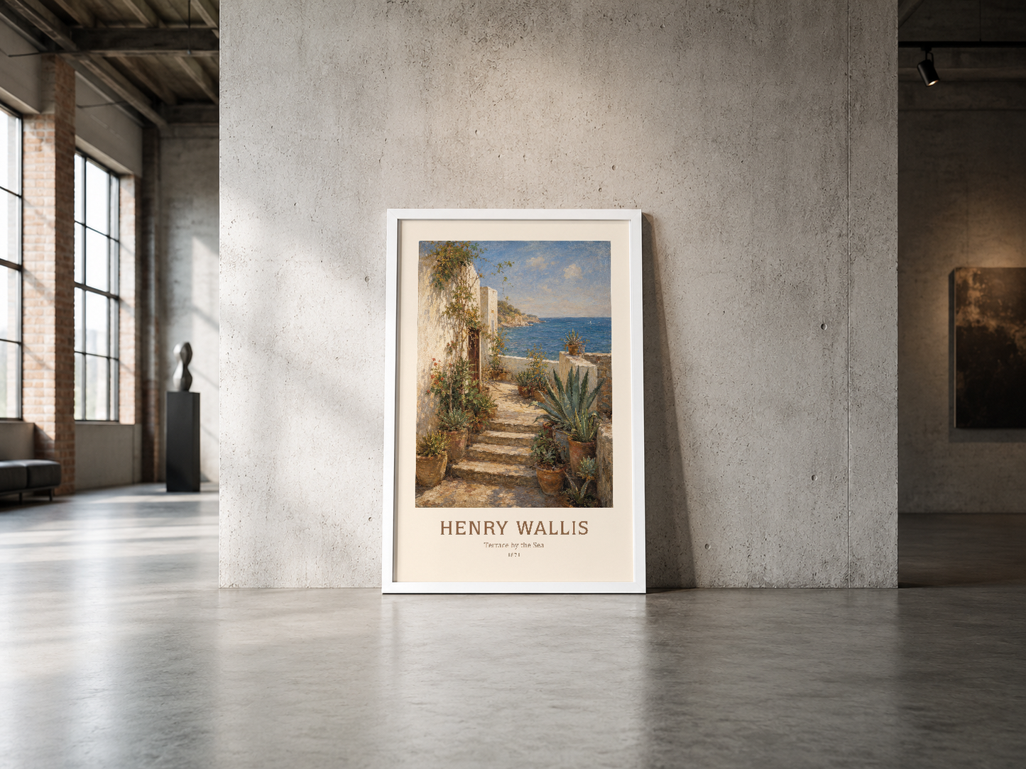 Akdeniz manzarası tasvir eden Henry Wallis sanat posteri, endüstriyel mekanlarda minimalist estetik sunuyor.