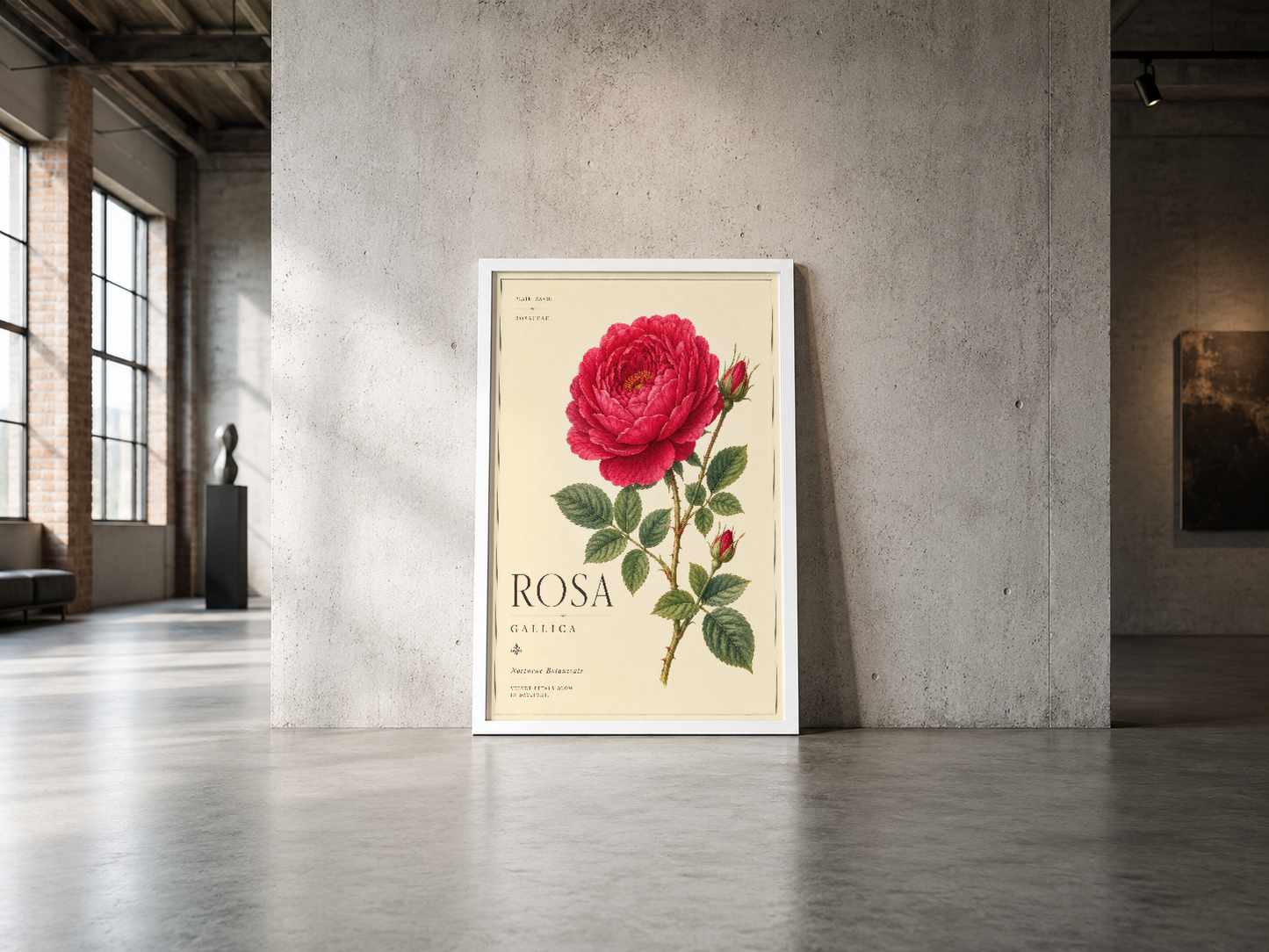Rosa Gallica botanik posteri, beyaz çerçeveli, endüstriyel mekanda minimalist görünüm.