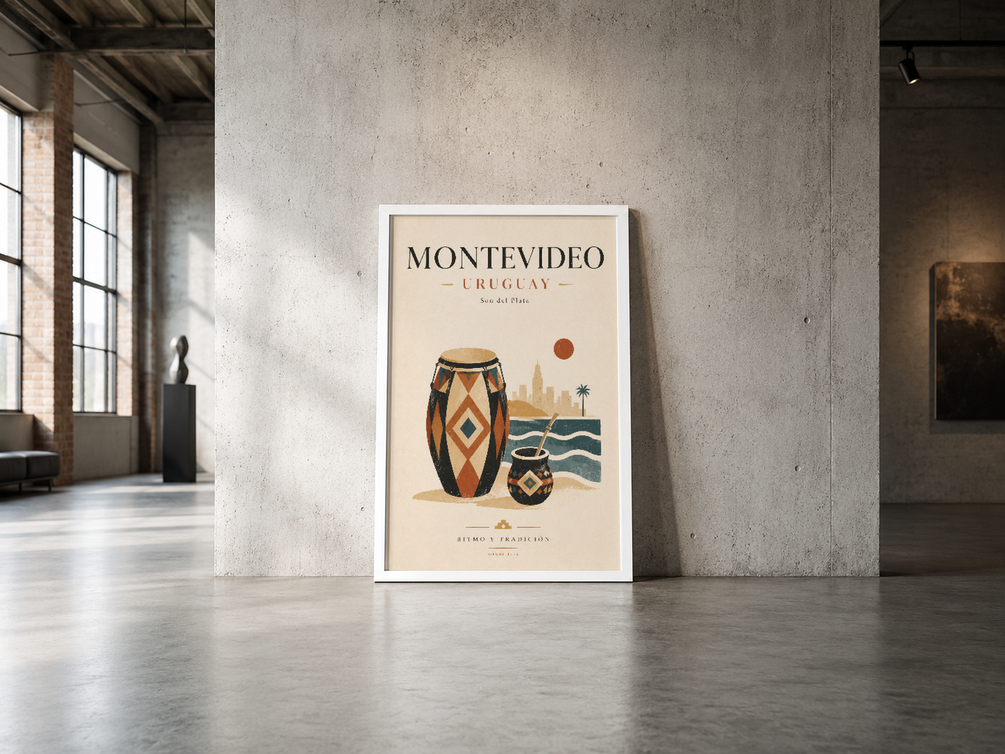 Montevideo Uruguay tasarımı, geleneksel davul ve kültürel öğeleri betimleyen modern poster çerçevesiyle sunuluyor.