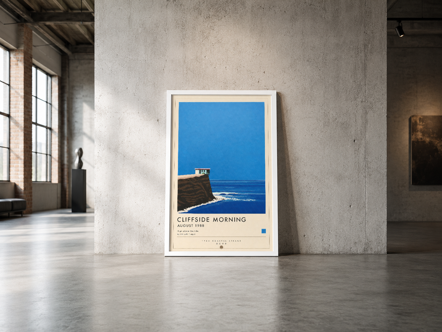 Minimalist endüstriyel mekanda, kaya kütlesi ve deniz görünümlü vintage tarzı turizm posteri.