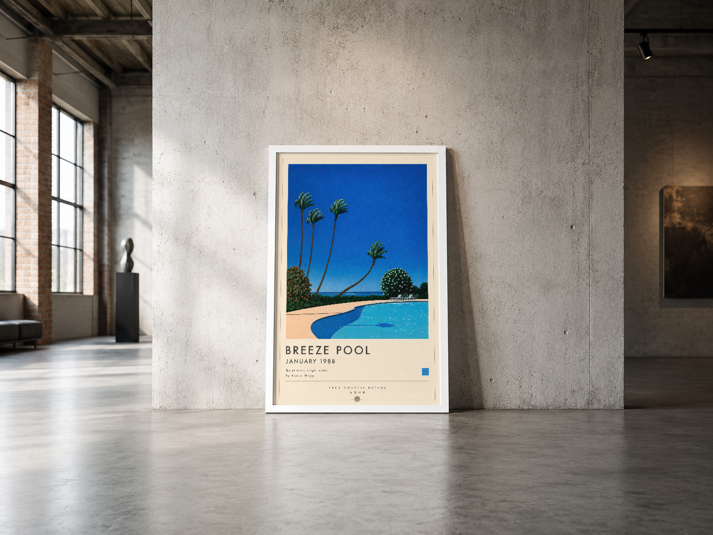 Mavi gökyüzü ve turkuaz havuz detaylarıyla zengin, minimalist tasarımlı poster endüstriyel mekan dekorasyonuna uyum