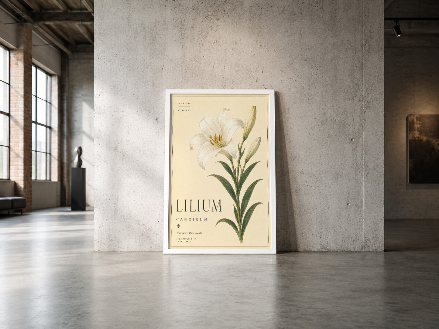 Vintage botanik lilyum posteri, beyaz çerçeveli, endüstriyel mekanda minimal sanat aksesuarı.