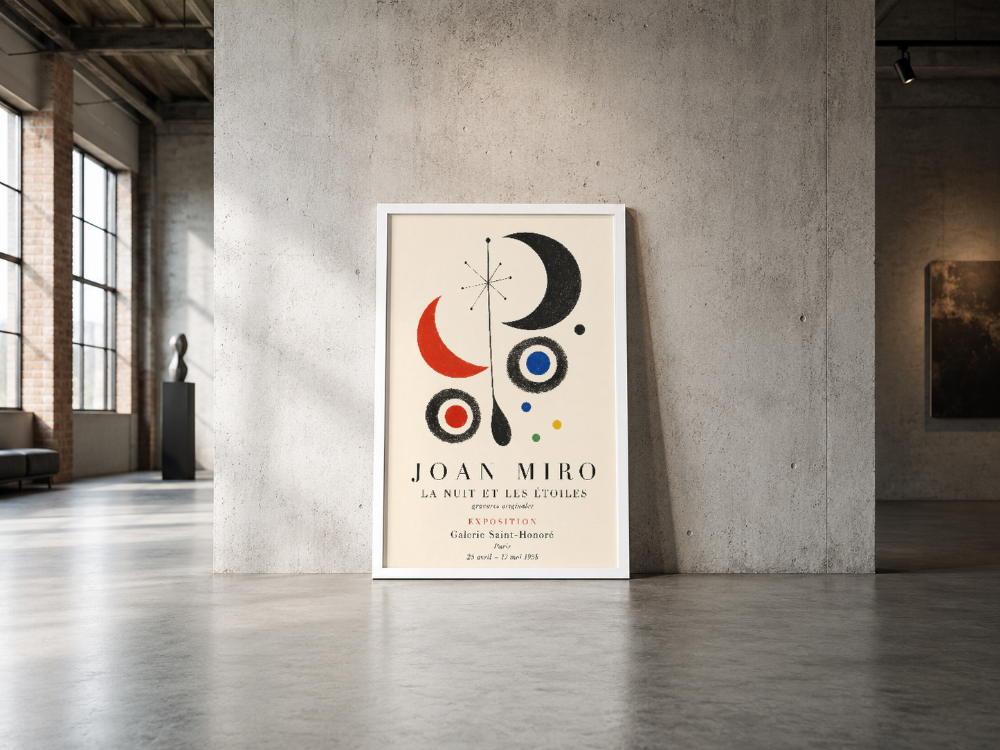 Modernist Joan Miro sergisi posteri, geometrik şekiller ve renkli tasarımla çarpıcı görünüm.