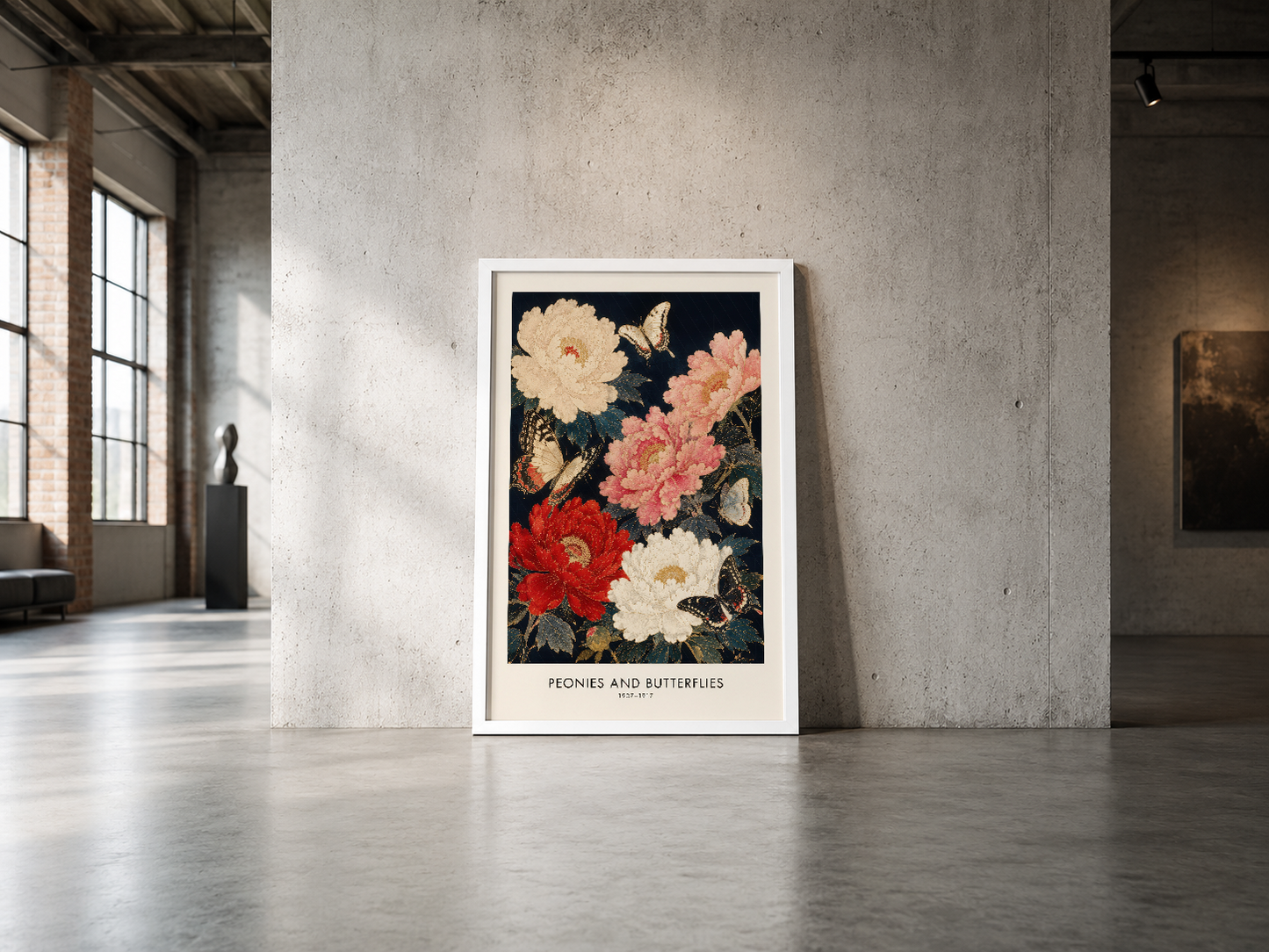 Vintage sanat poster, çok renkli peoni çiçekleri ve kelebekler içeren dekoratif duvar tablosu.