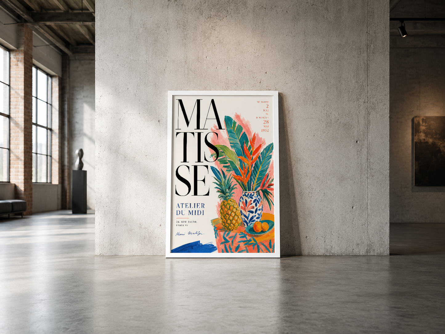 Matisse sanat posteri, canlı botanik illüstrasyonlar ve tipografisiyle endüstriyel mekanda yer alıyor.