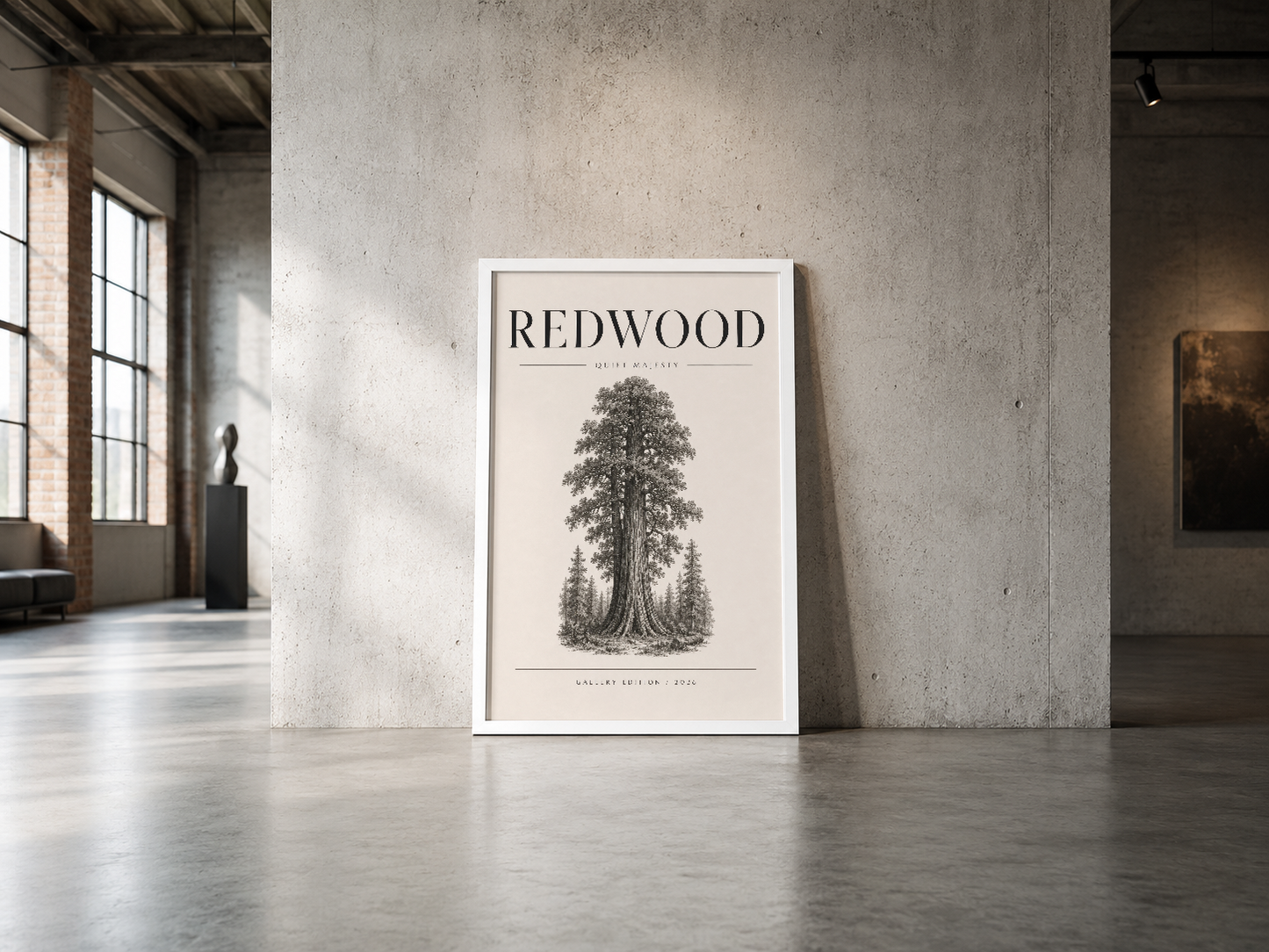 Redwood ağacı sanat tablosu, beyaz çerçeveli haliyle endüstriyel mekanda görkemli bir dekorasyon.