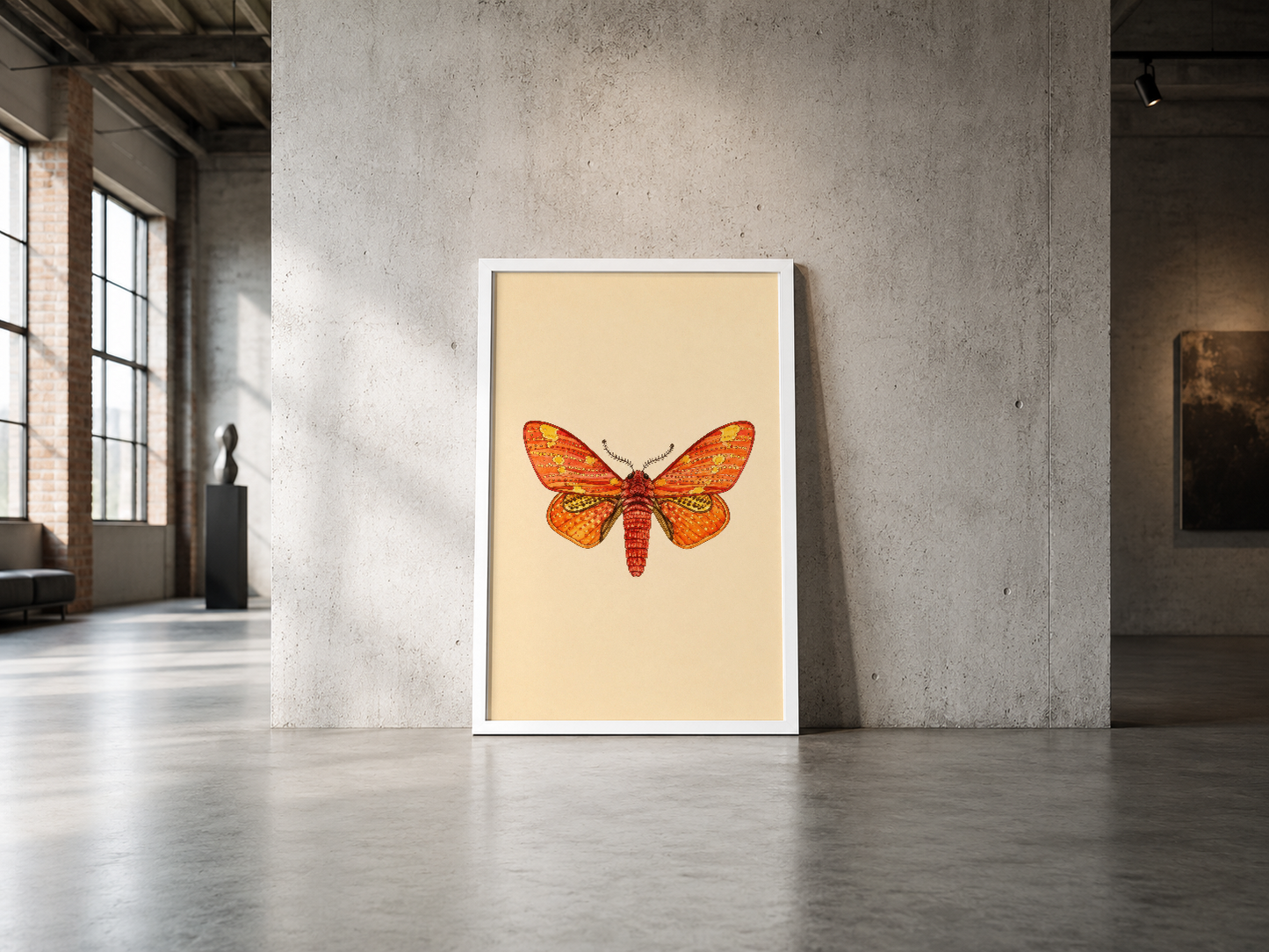Parlak renklere sahip kelebek illüstrasyonu, minimalist beyaz çerçeve ile loft stilinde sunulan poster.